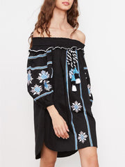 Pretty Embroidery Off-the shoulder Tassels Mini Dress