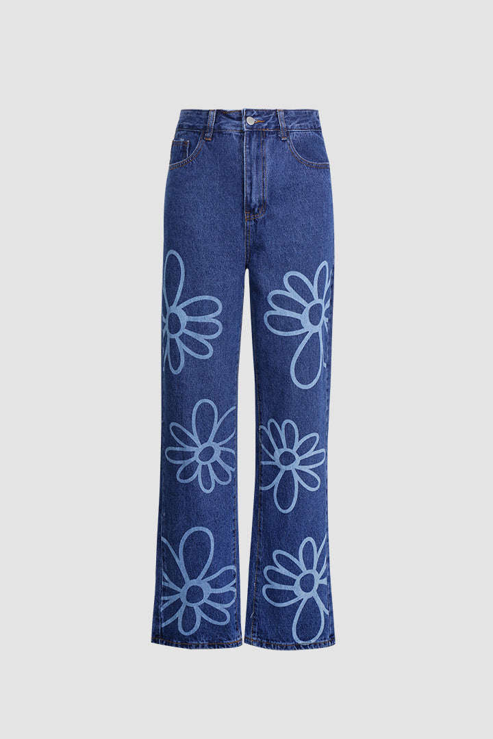 Flower Print Straight Leg Jeans