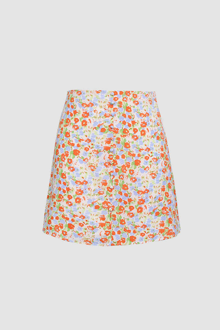 Floral Buttons Detail Mini Skirt