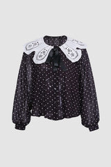 Collar Trim Polka Dot Chiffon Blouses