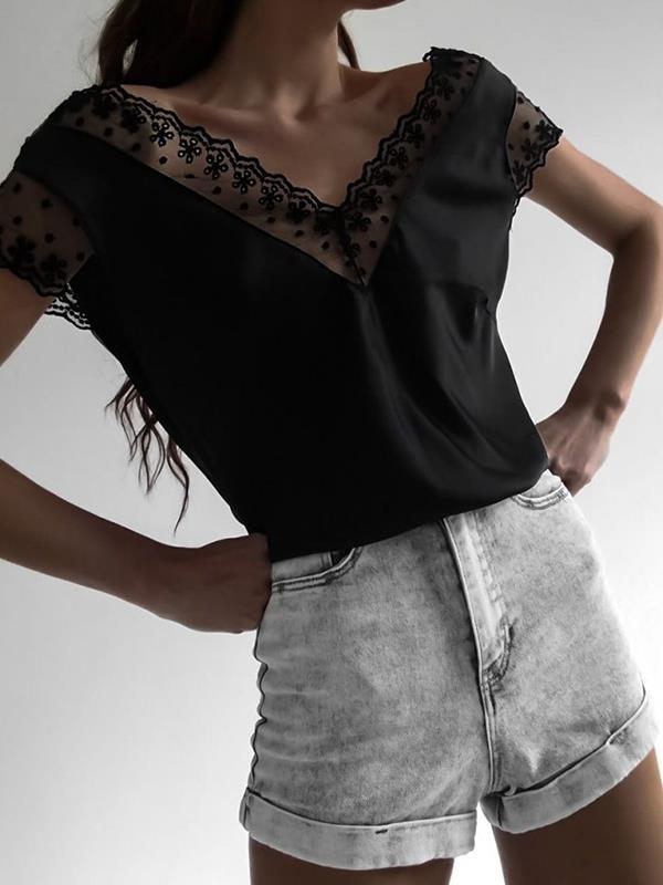 Plain cut-out lace deep V woman Short Sleeve T-shirts