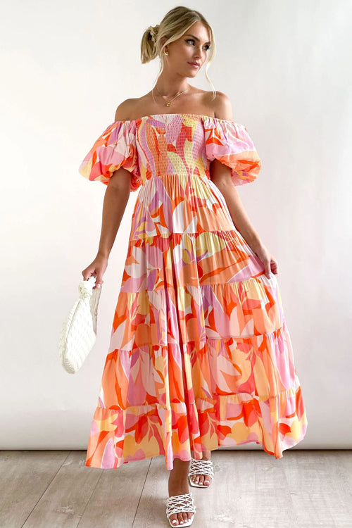 Darling Daylily Floral Print Off Shoulder Smocked Maxi Dress