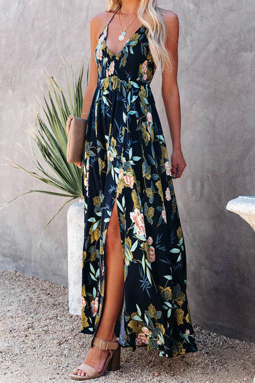 Stun And Only Print Backless High-Slit Maxi Dress