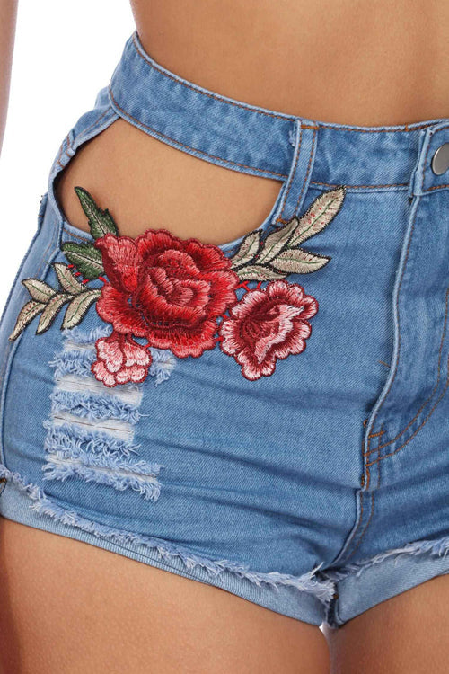 Floral Embroidered Hollow-out Denim Shorts