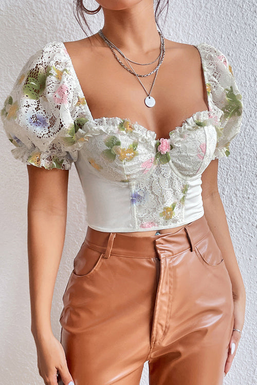 Take Time Vintage Flower Lace Puff Sleeve Crop Top