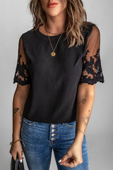 Try To Keep Up Lace Embroidered Short Sleeve Top