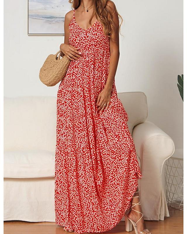 Strap Dress Maxi long Dress Sleeveless Print Hot Red Navy Blue S M L XL