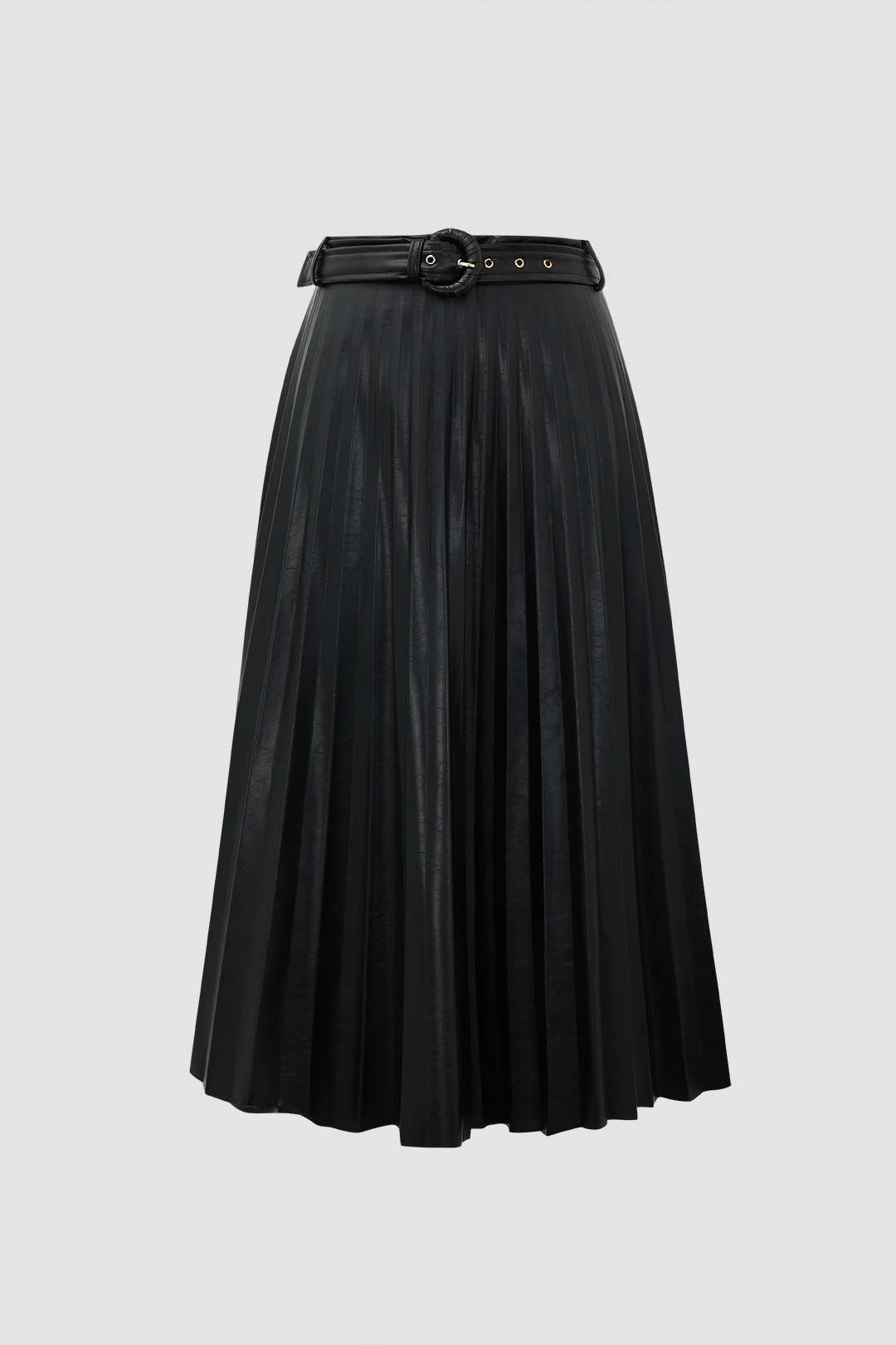 Faux Leather Pleated Midi Skirt With Belt