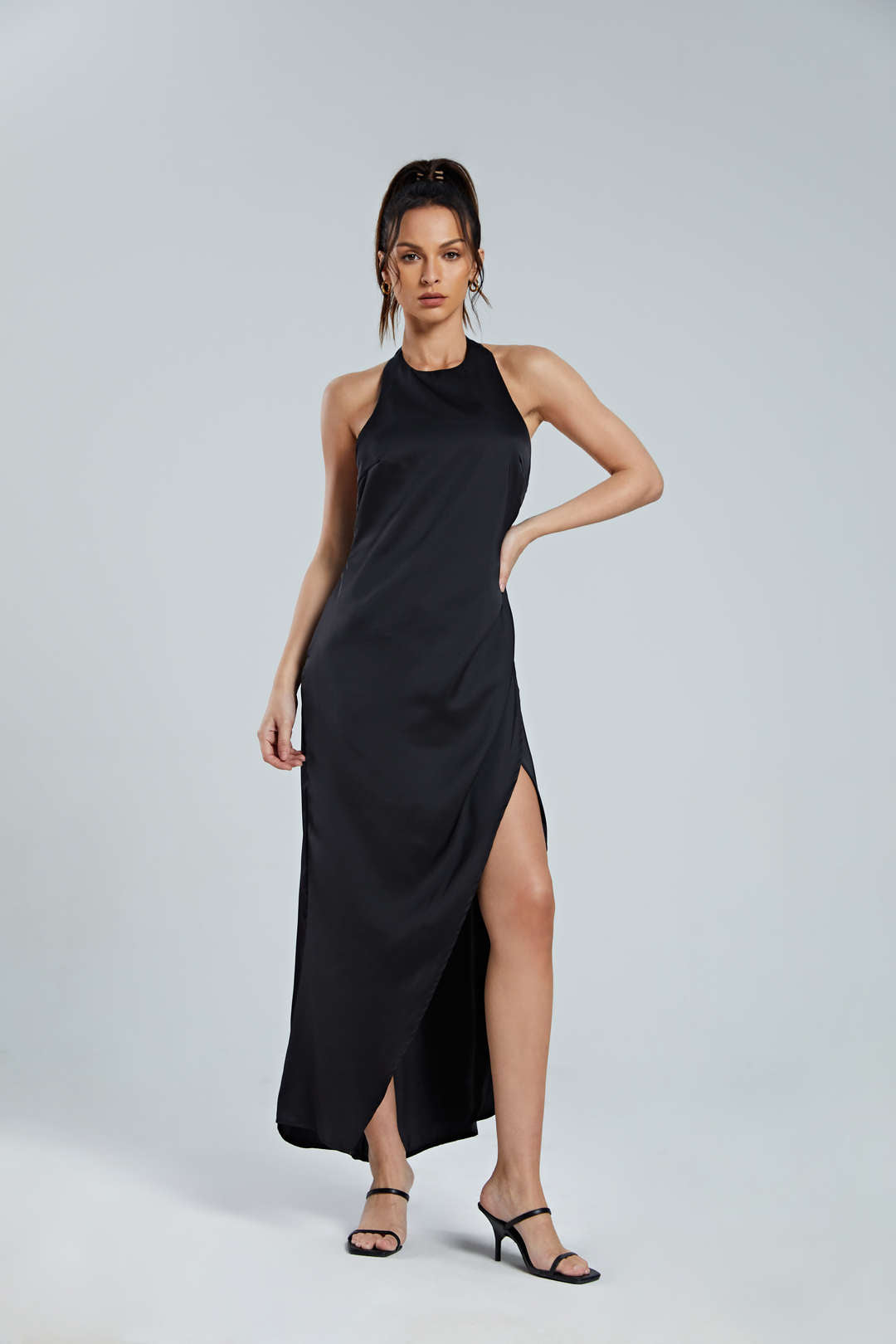 Halter Backless Satin Wrap Midi Dress