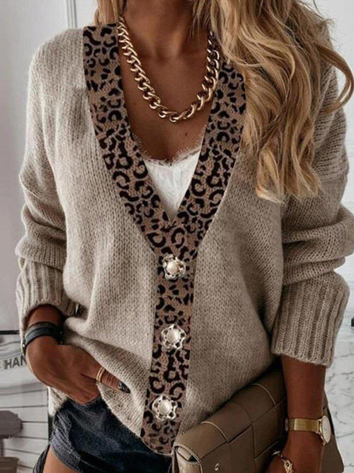 Plus size Leopard V Neck Casual Knitted Outerwear