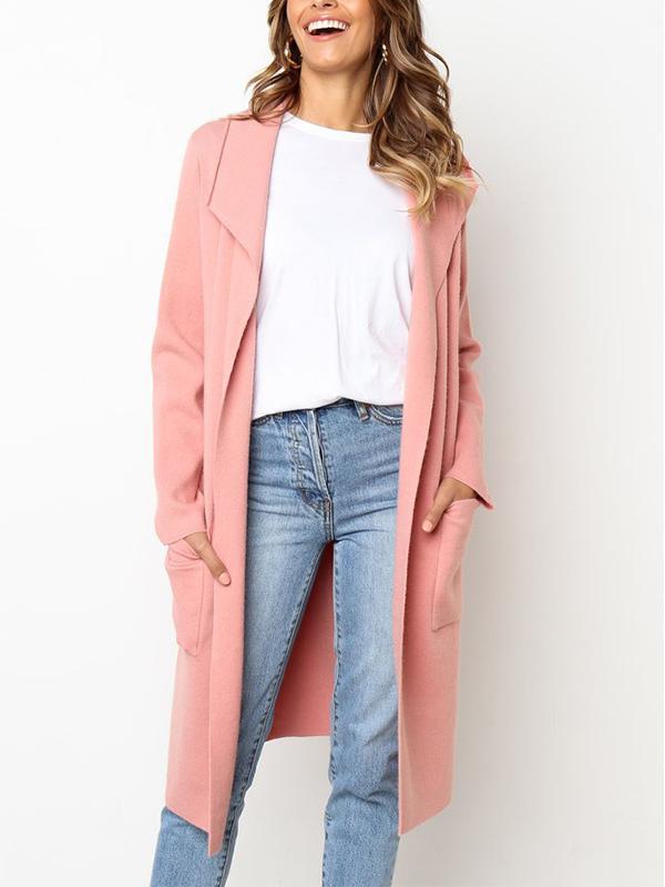 Pink Pure Color Lapel with Pocket Long Style Cardigan Woolen Coat for Women