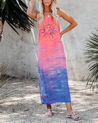 Womens Sleeveless Loose Gradient Sun Print Dress