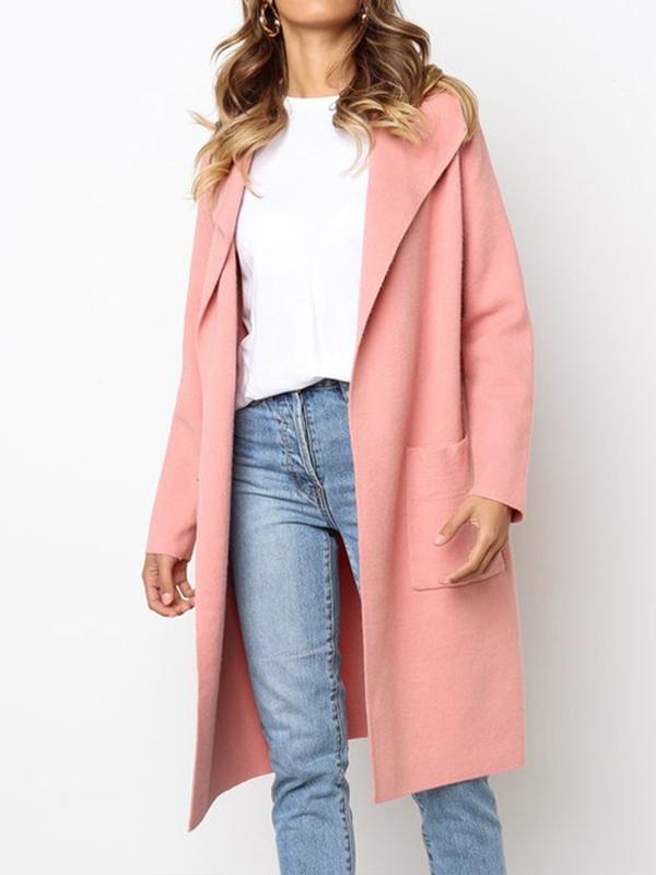 Pink Pure Color Lapel with Pocket Long Style Cardigan Woolen Coat for Women