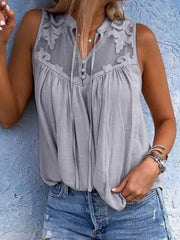 Pleated sleeveless collared lace v-neck sleeveless blouses
