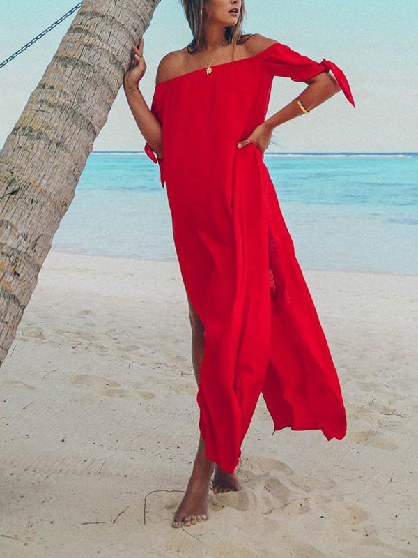 Plain Off Shoulder Chiffon Young Tie Sleeve Long Vacation Dresses