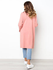 Pink Pure Color Lapel with Pocket Long Style Cardigan Woolen Coat for Women