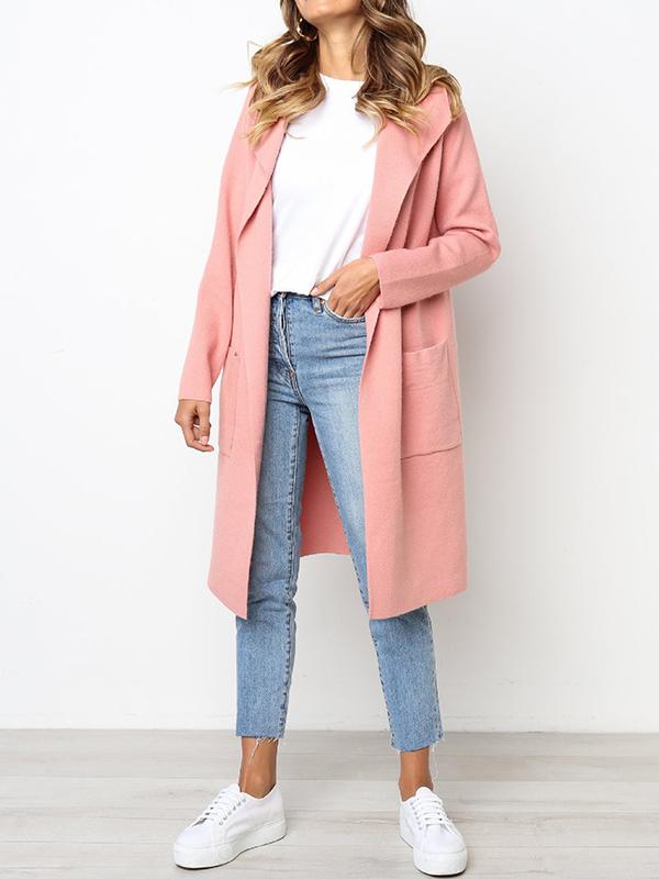 Pink Pure Color Lapel with Pocket Long Style Cardigan Woolen Coat for Women