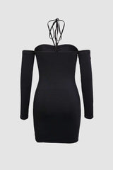 Halter Ruched Long Sleeve Black Dress