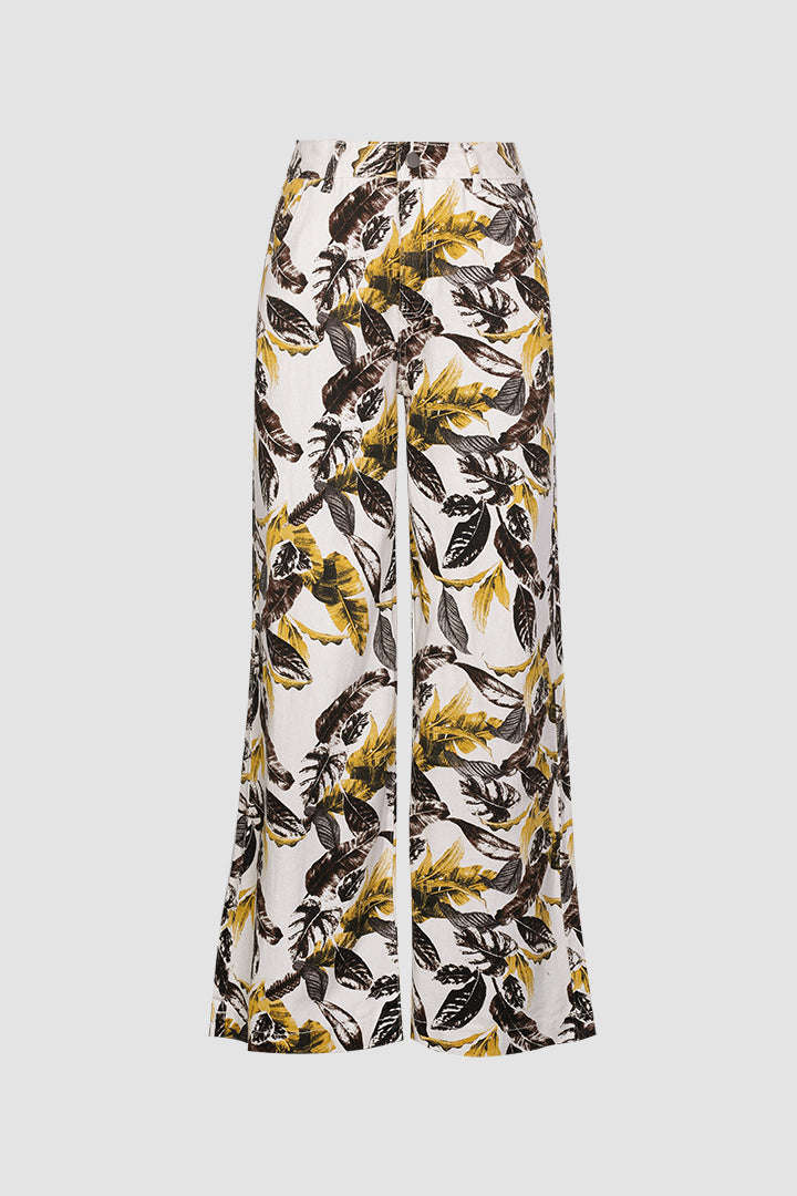 High Waist Leaf Print Straight Leg Pants