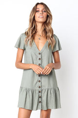 Button-up V-neck Ruffle Mini Dress