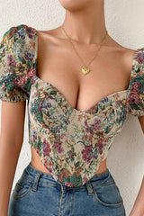 Vintage Floral Embroidered Puff Sleeve Crop Top