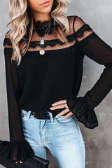 Cozy Fantasy Black Lace Dotted Long Sleeve Top