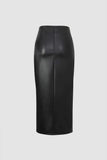 Faux Leather Side Slit Midi Skirt