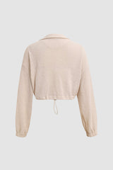 Half Zip Drawstring Textured Long Sleeve Top