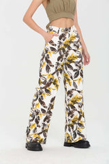 High Waist Leaf Print Straight Leg Pants