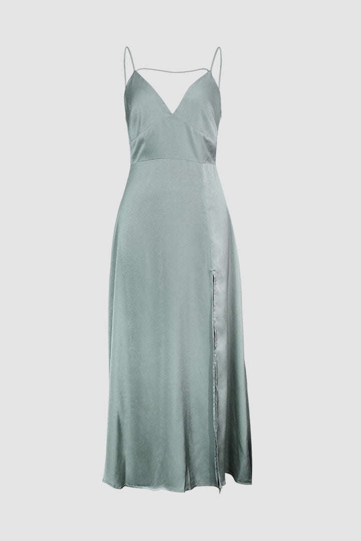 Intimate Supper Deep V Neck Satin Maxi Dress