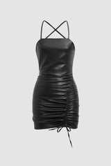Drawstring Ruched Faux Leather Mini Dress