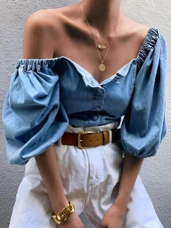 Open-shoulderlantern sleeve denim shirts blouses