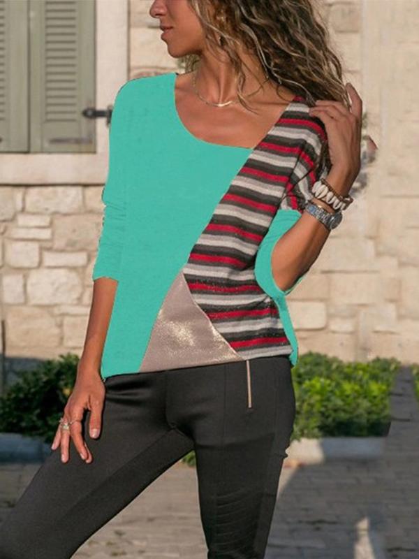 Patchwork Matching Color Stripe Round Collar Long Sleeve casual T-shirt