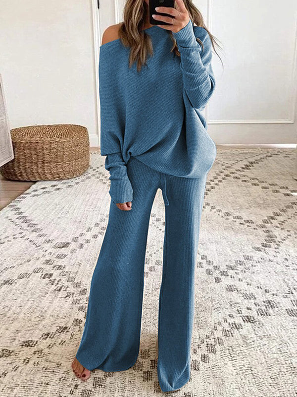 Pure color round neck long sleeve casual two-piece suits
