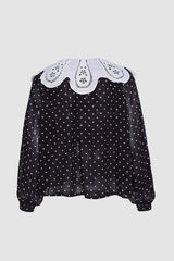 Collar Trim Polka Dot Chiffon Blouses