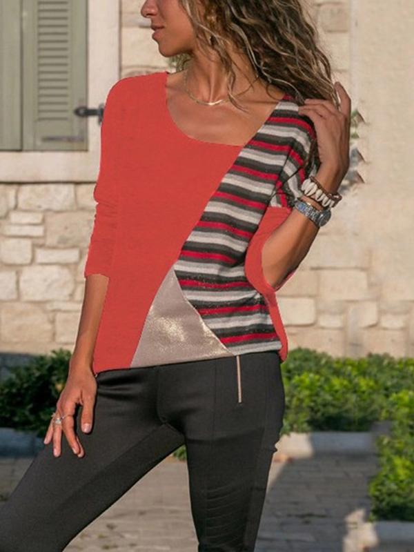 Patchwork Matching Color Stripe Round Collar Long Sleeve casual T-shirt