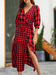 Plaid half Sleeve Vintage Maxi Dresses