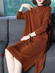 Pockets Slit Casual Solid Shift  Knitted Dress