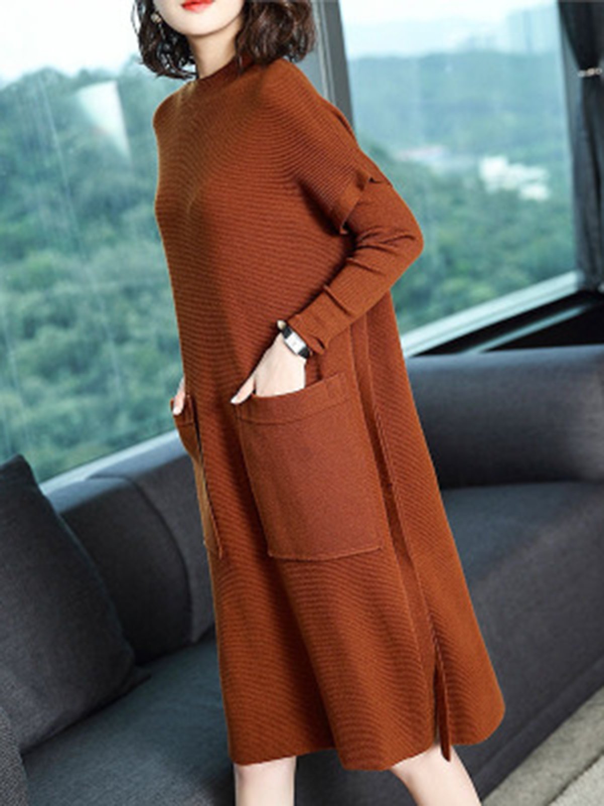 Pockets Slit Casual Solid Shift  Knitted Dress