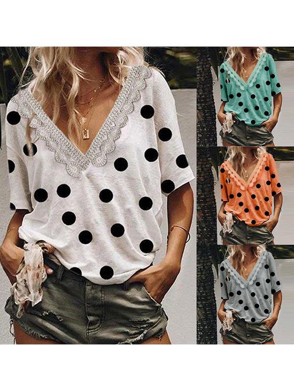 Polka dot lace patchwork v neck women fashion T-shirts