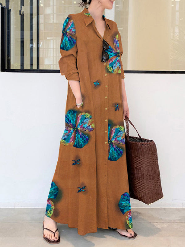 Printed lapel long-sleeved pocket simple loose literary leisure long shirt dress summer maxi dresses for women