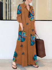 Printed lapel long-sleeved pocket simple loose literary leisure long shirt dress summer maxi dresses for women