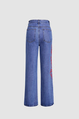 High Waist Artistic Print Straight Leg Jeans