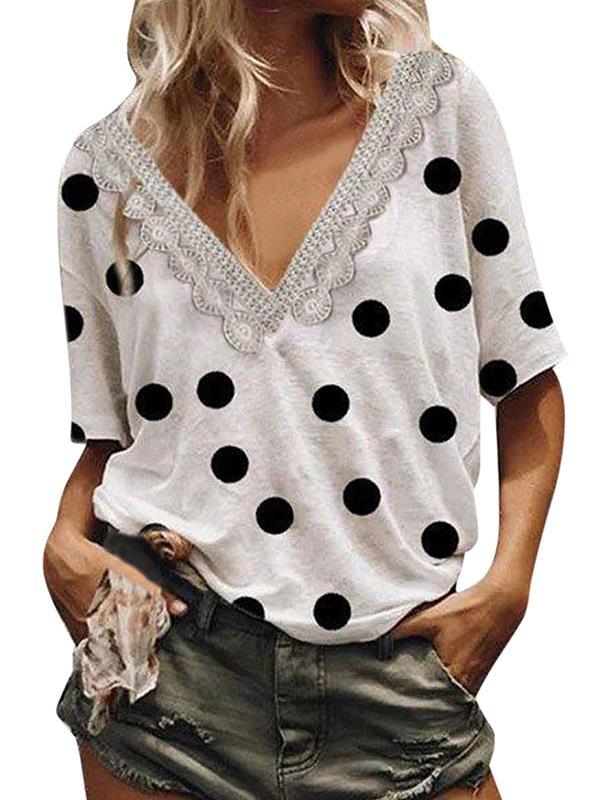 Polka dot lace patchwork v neck women fashion T-shirts