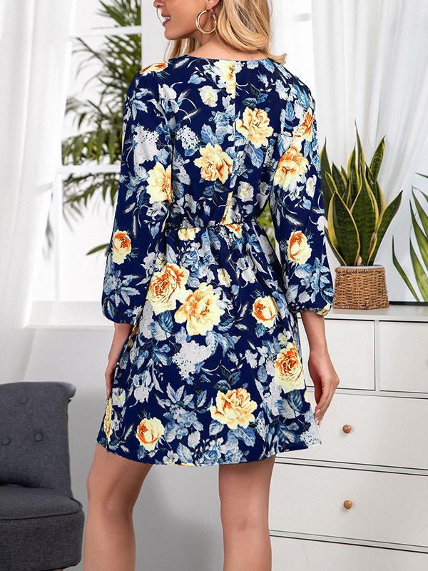 Printed cross border V-neck pullover fashion women long sleeve skater dresses