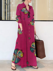 Printed lapel long-sleeved pocket simple loose literary leisure long shirt dress summer maxi dresses for women