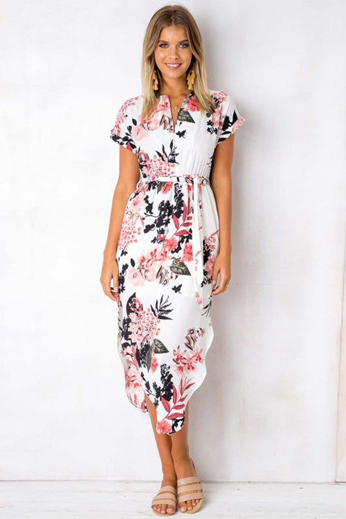 Split-neck Floral Print Midi Dress
