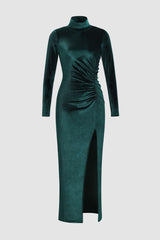 High Neck Ruched Slit Velvet Maxi Dress