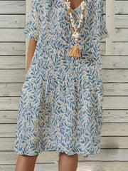Polyester Cotton V Neck Pastoral Short Sleeve Dresses