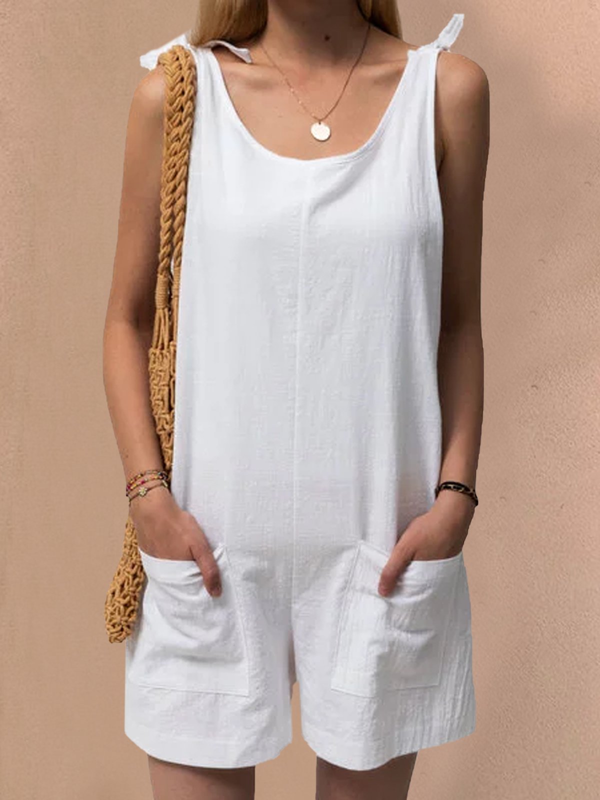 Pockets Sleeveless Casual Linen Rompers